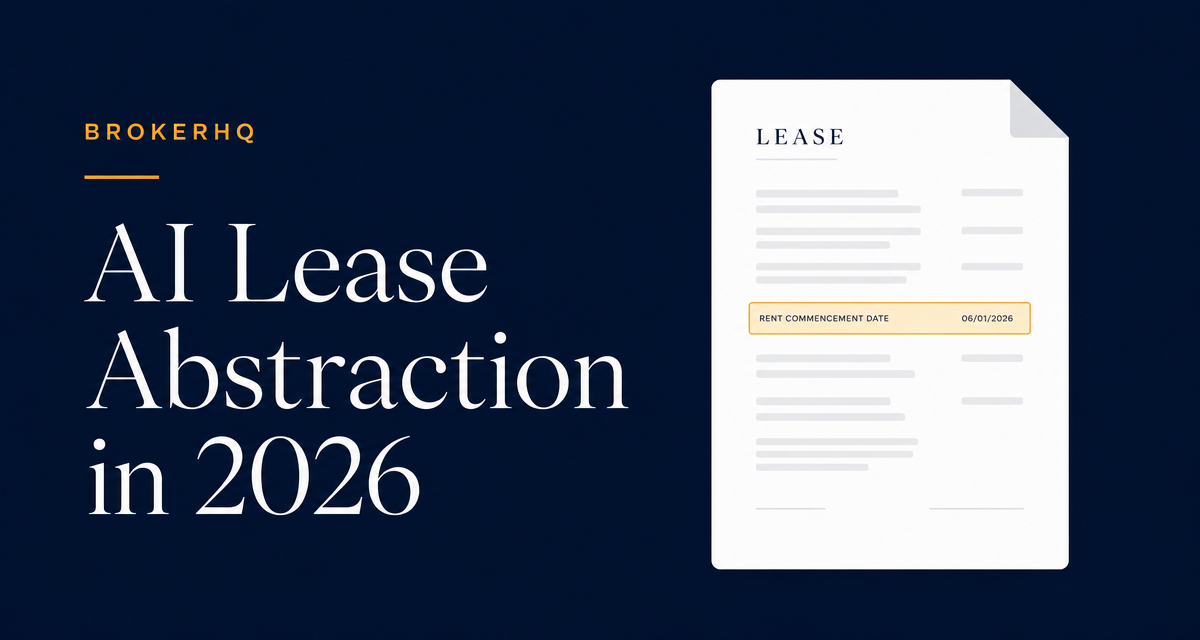 Stylized lease document with one highlighted field, titled AI Lease Abstraction in 2026, BrokerHQ header