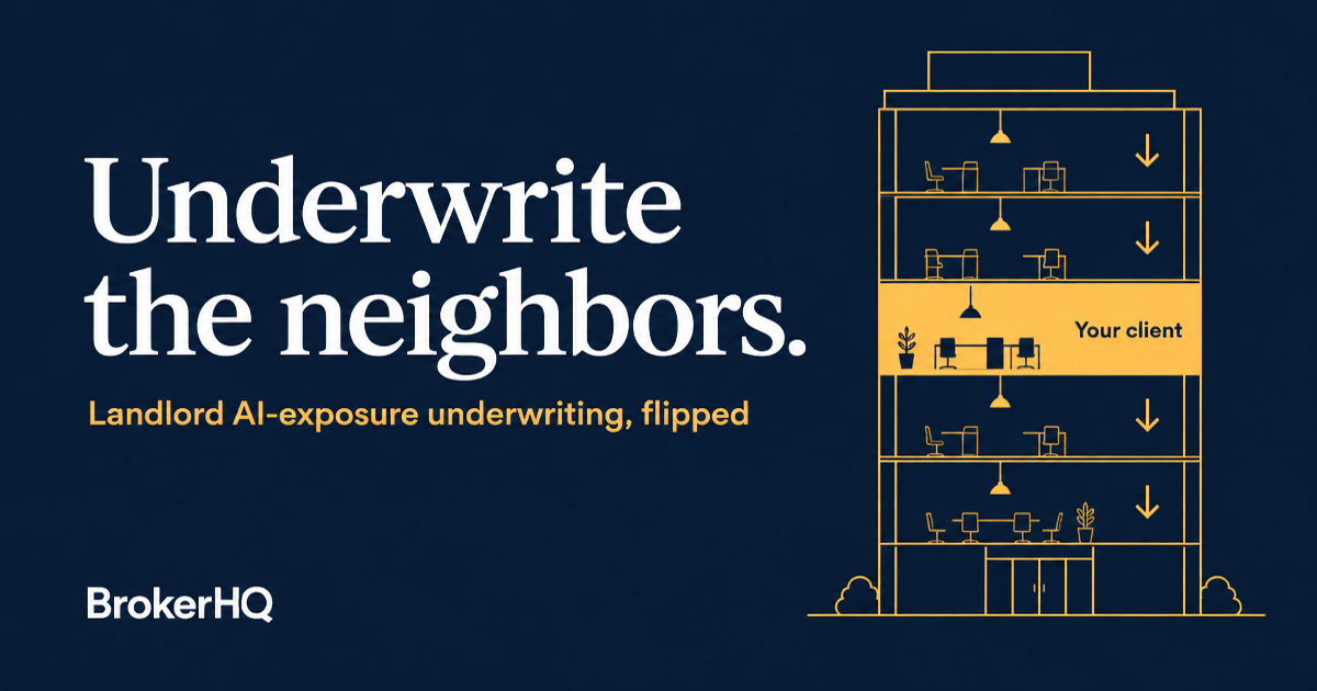 Dark navy header reading "Underwrite the neighbors." with an amber office tower diagram highlighting one floor labeled "Your client", BrokerHQ